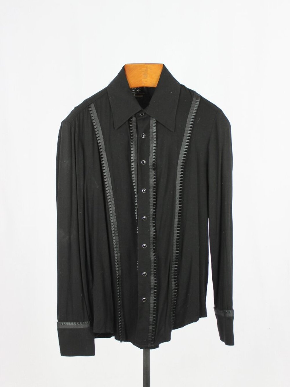 SHRINE OF HOLLYWOOD Black Twill Satin Pleated Trim Button Down Tux Shirt, Size M